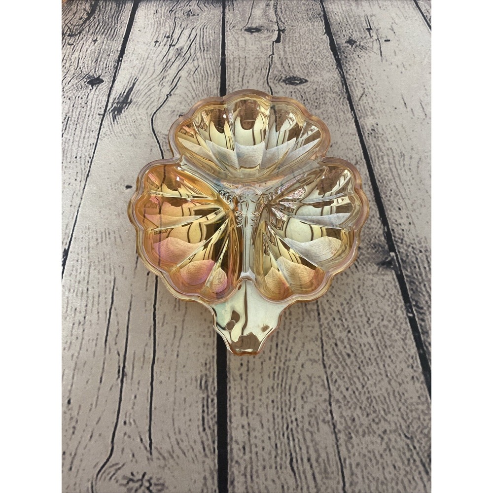 Vintage Jeanette‎ Marigold Carnival Glass 3 Leaf Clover Shaped Candy Dish